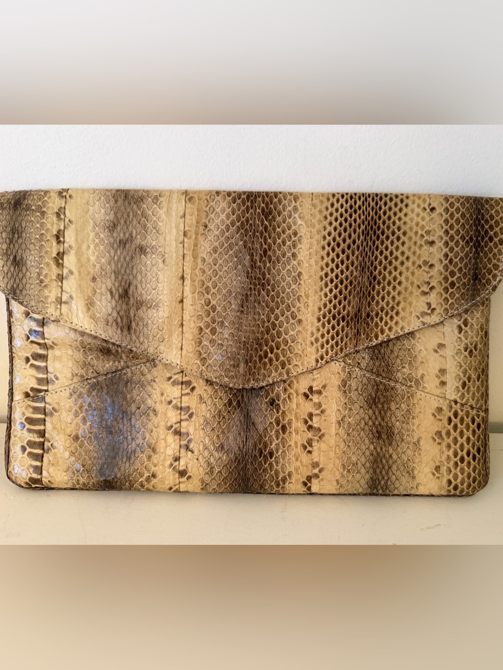 Cocobelle Vintage Snakeskin Envelope Clutch in Tan and Brown. Boho chic. Python